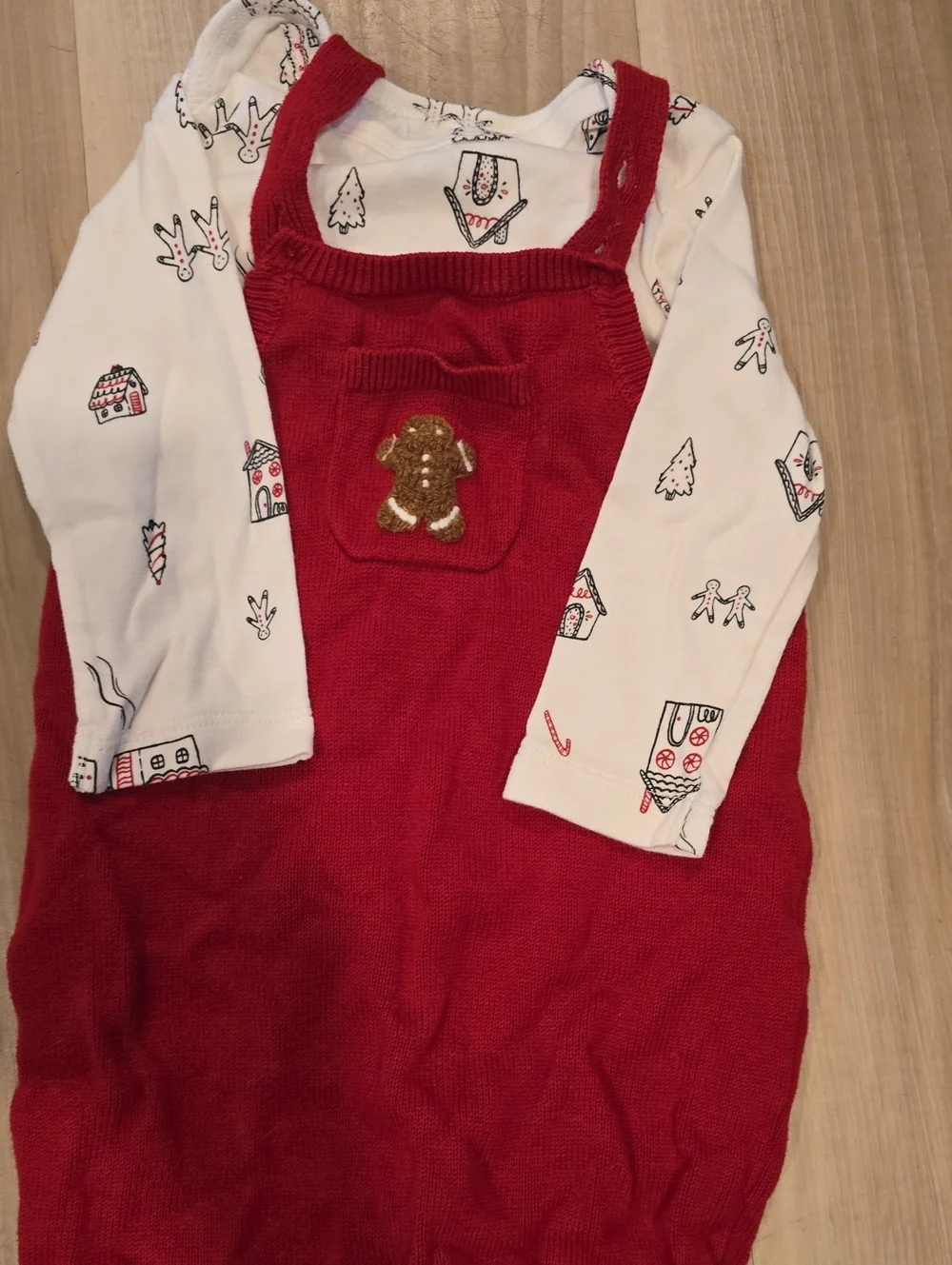 Red Knit Holiday Christmas Romper Pinafore with Gingerbread Pocket